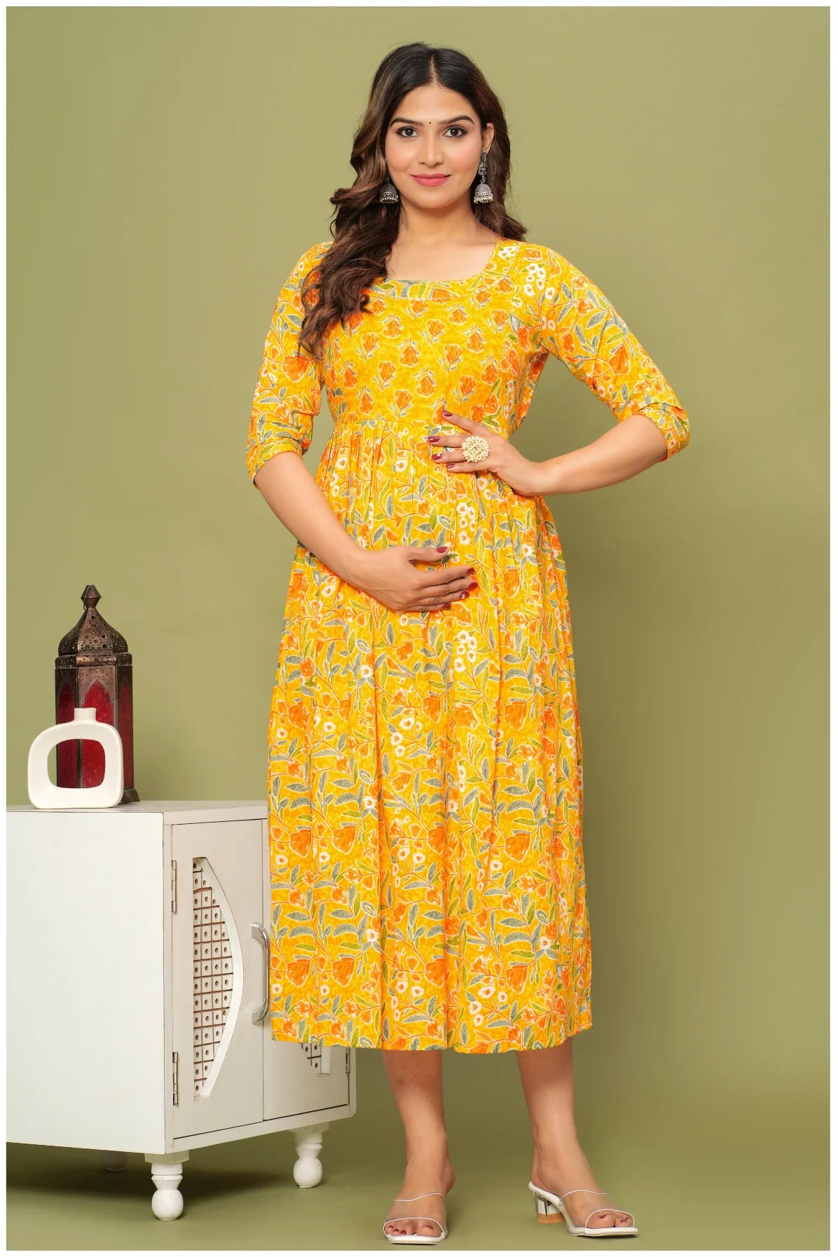 Floral Printed Cotton Maternity Dress with Empire Waist