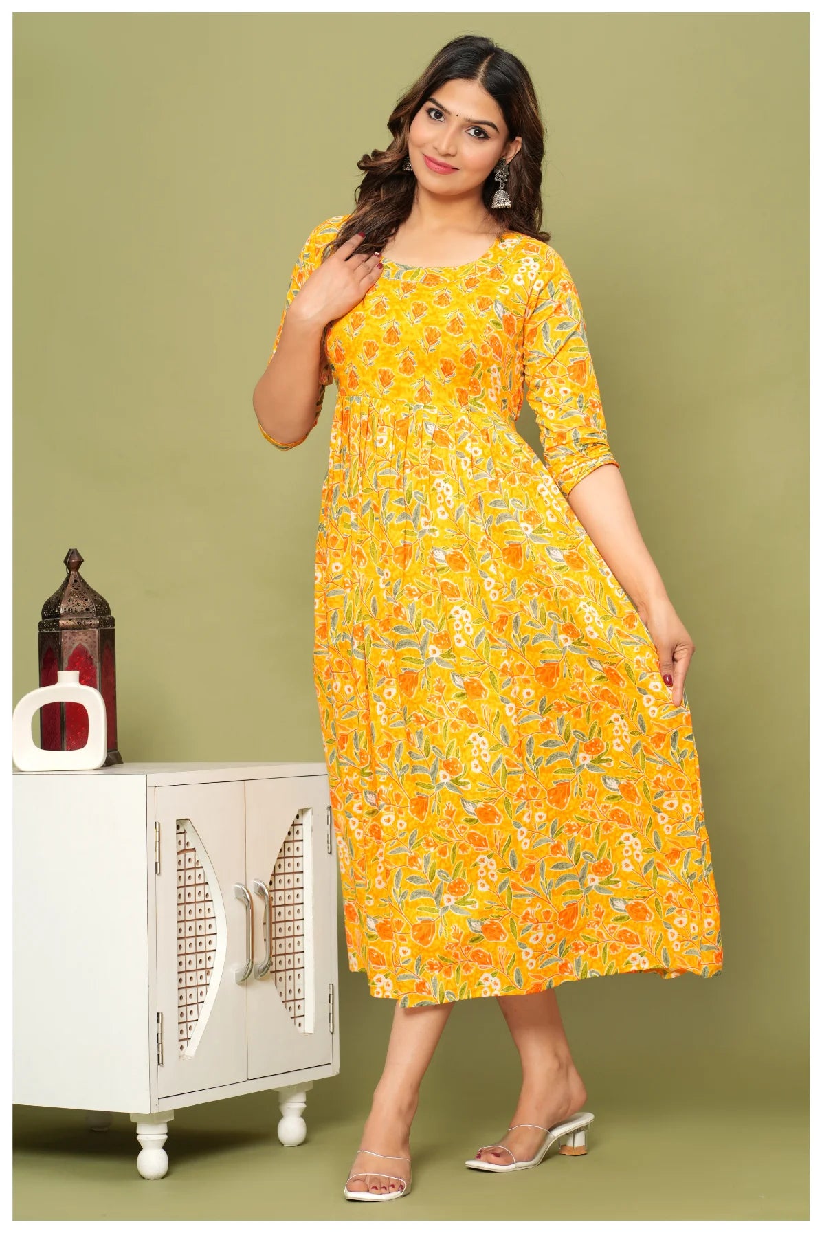 Floral Printed Cotton Maternity Dress with Empire Waist