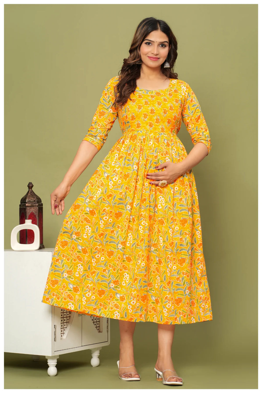 Floral Printed Cotton Maternity Dress with Empire Waist