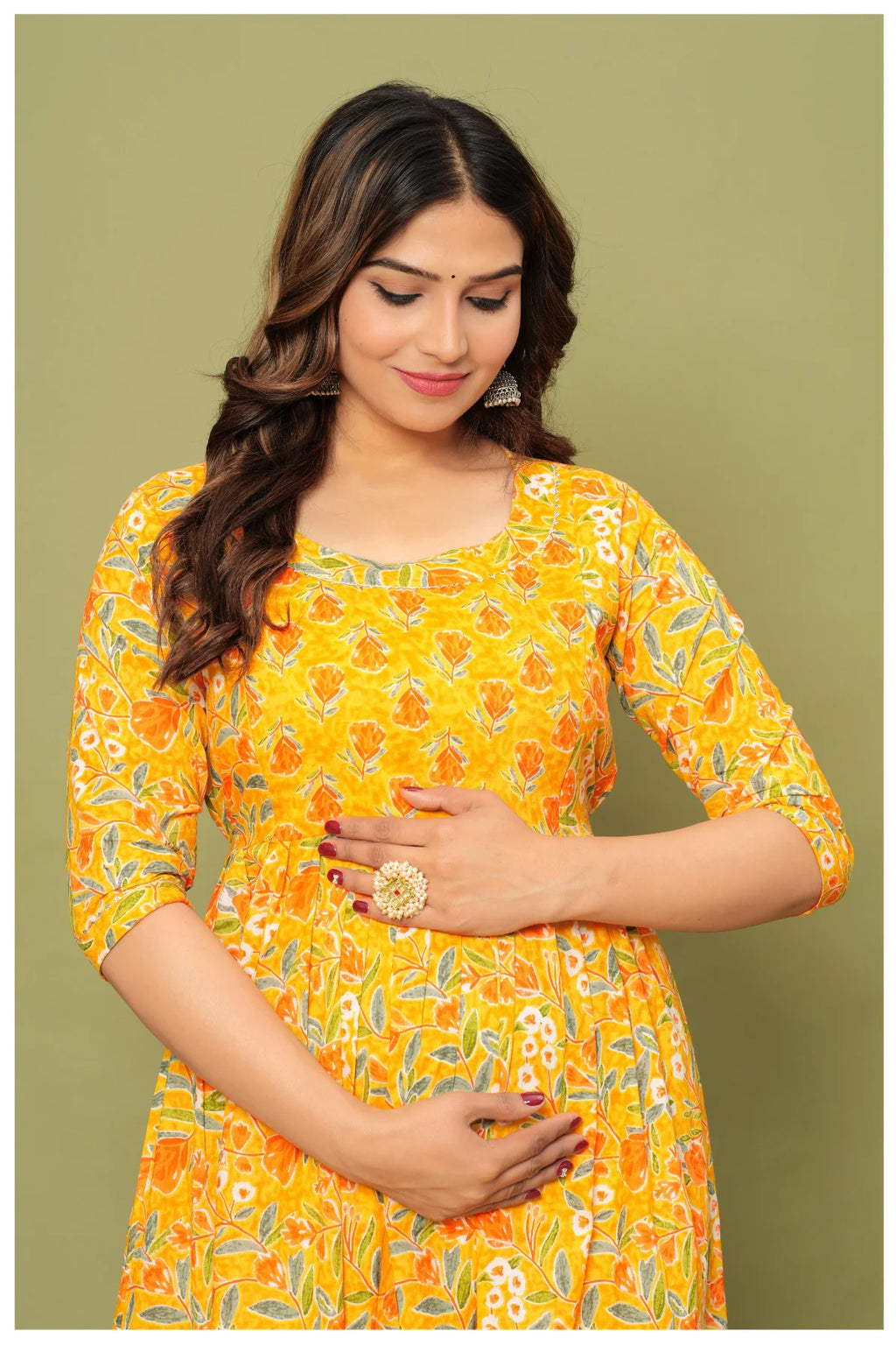 Floral Printed Cotton Maternity Dress with Empire Waist