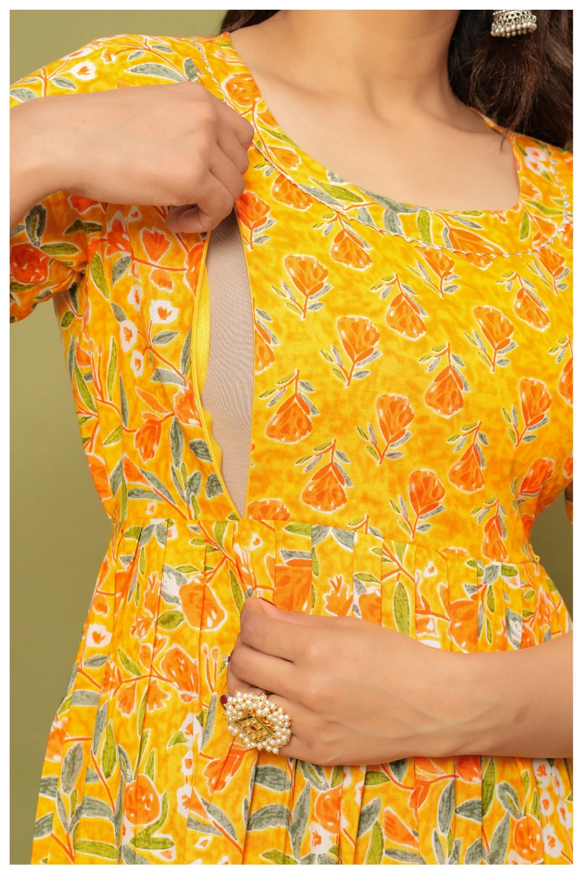 Floral Printed Cotton Maternity Dress with Empire Waist