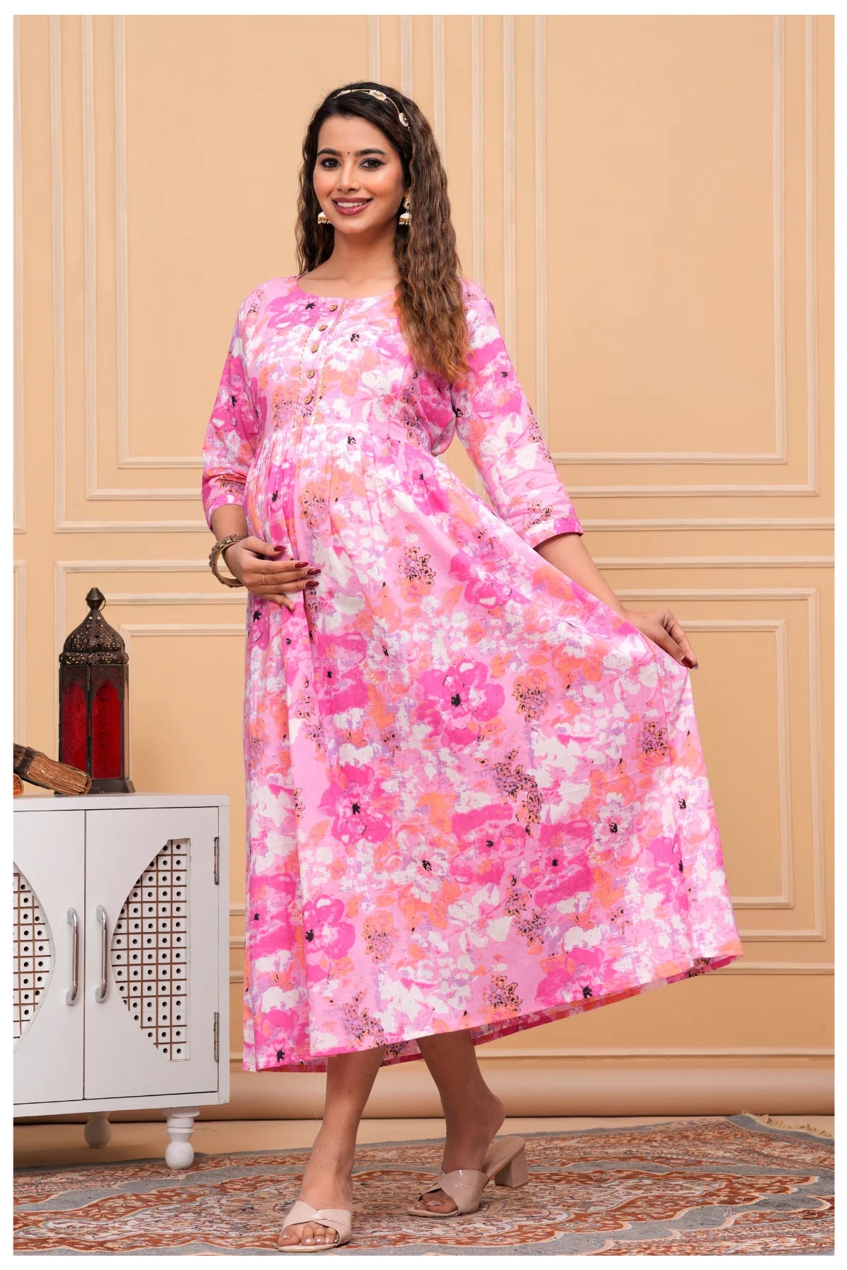 Pink Floral Cotton Maternity & Nursing Anarkali Dress with Feeding Zip