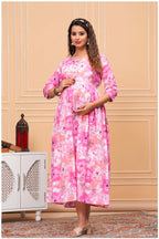 Pink Floral Cotton Maternity & Nursing Anarkali Dress with Feeding Zip