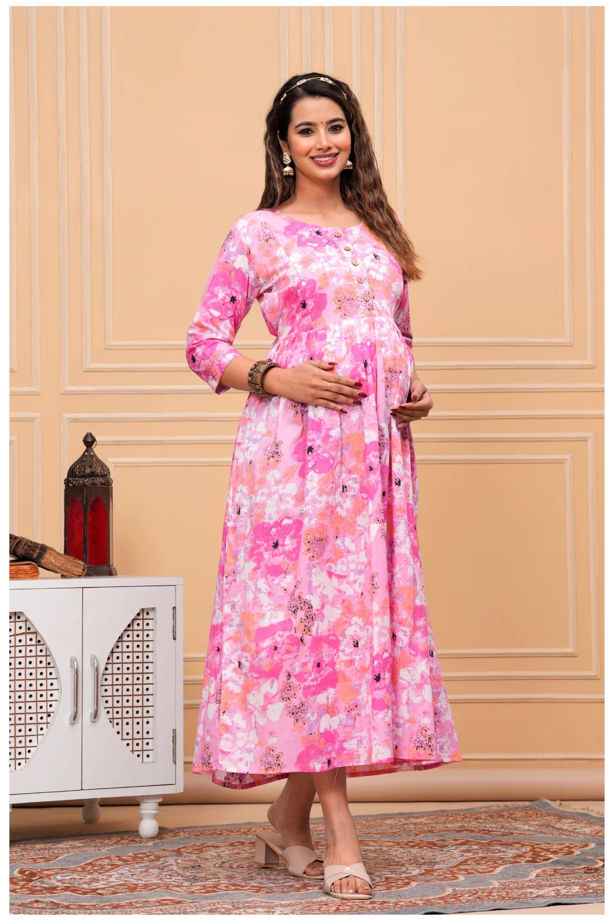 Pink Floral Cotton Maternity & Nursing Anarkali Dress with Feeding Zip