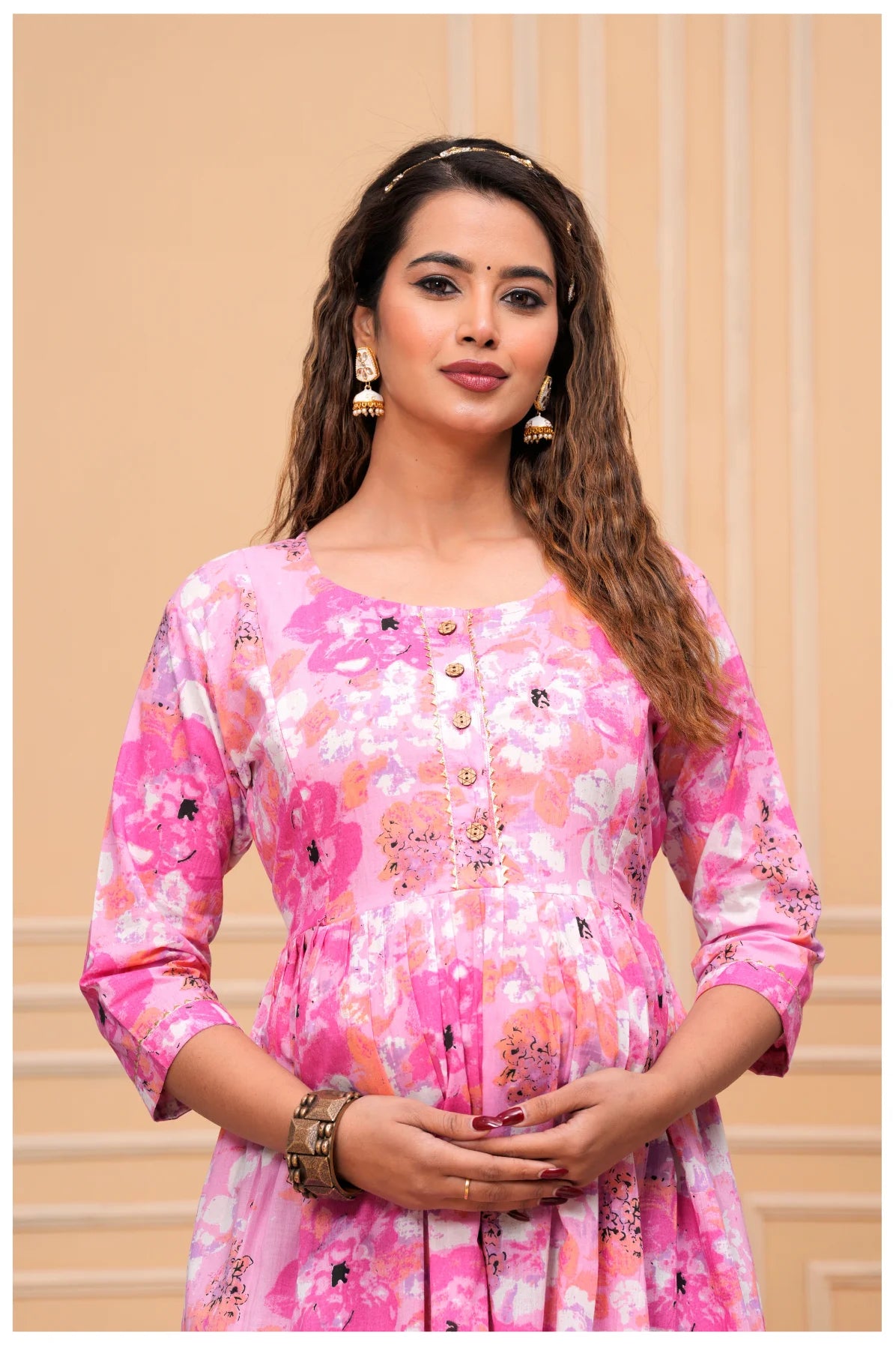 Pink Floral Cotton Maternity & Nursing Anarkali Dress with Feeding Zip