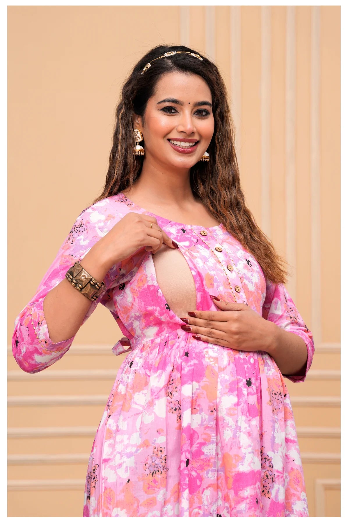 Pink Floral Cotton Maternity & Nursing Anarkali Dress with Feeding Zip