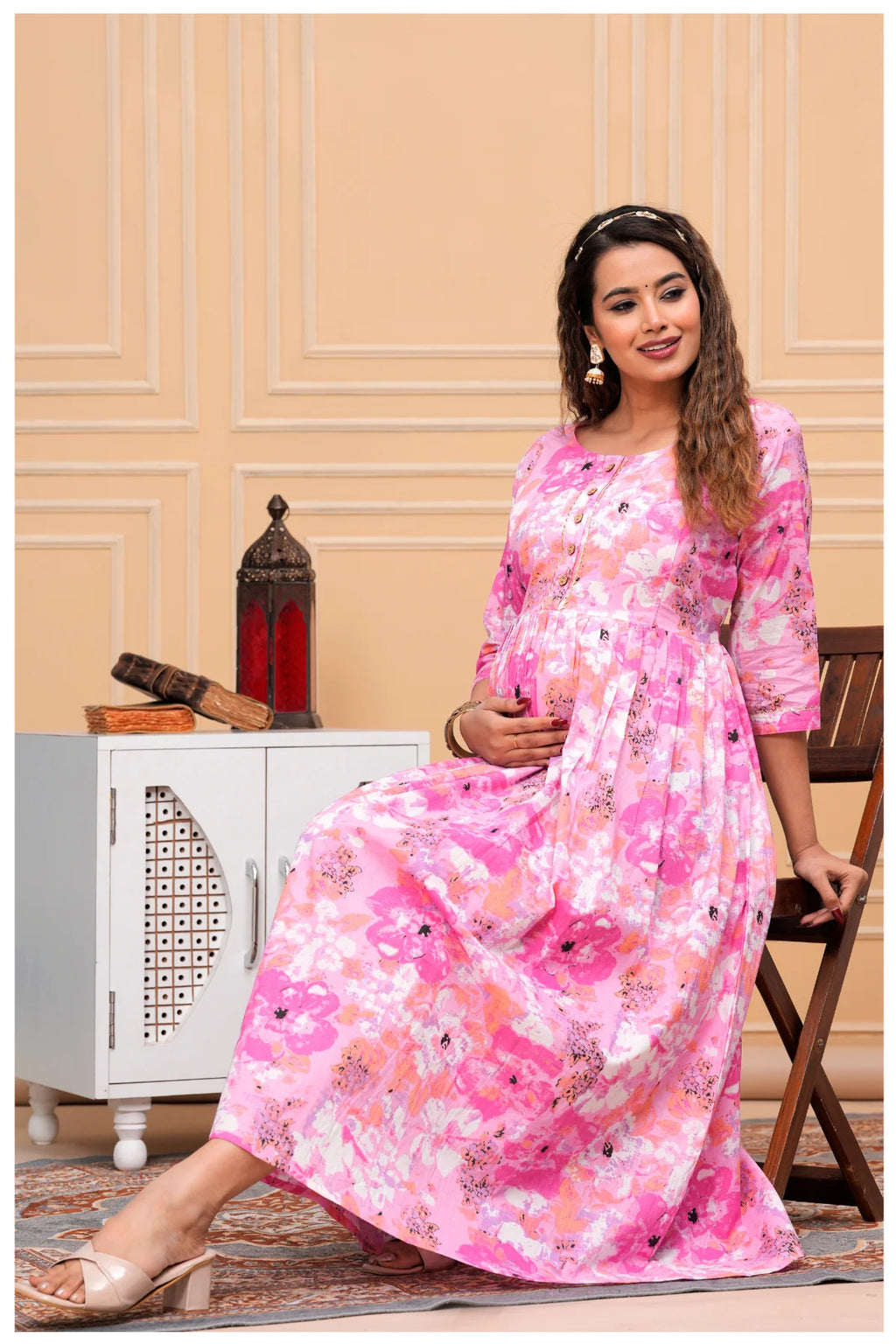 Pink Floral Cotton Maternity & Nursing Anarkali Dress with Feeding Zip