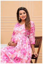 Pink Floral Cotton Maternity & Nursing Anarkali Dress with Feeding Zip