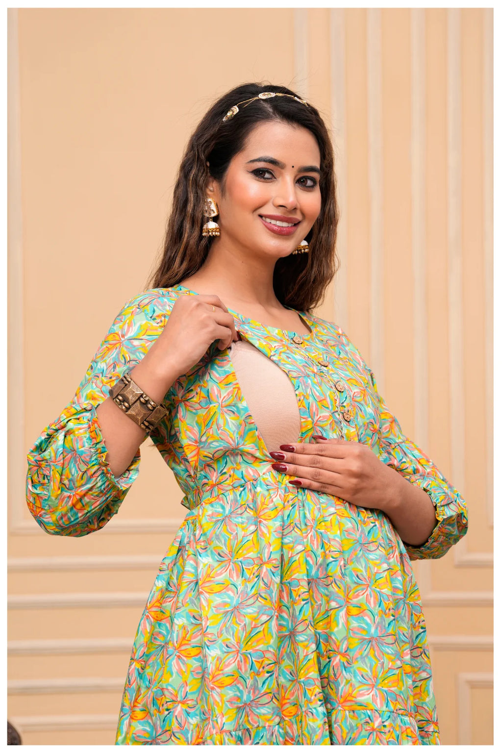 Floral Printed Maternity & Feeding Maxi Dress with Front Zip