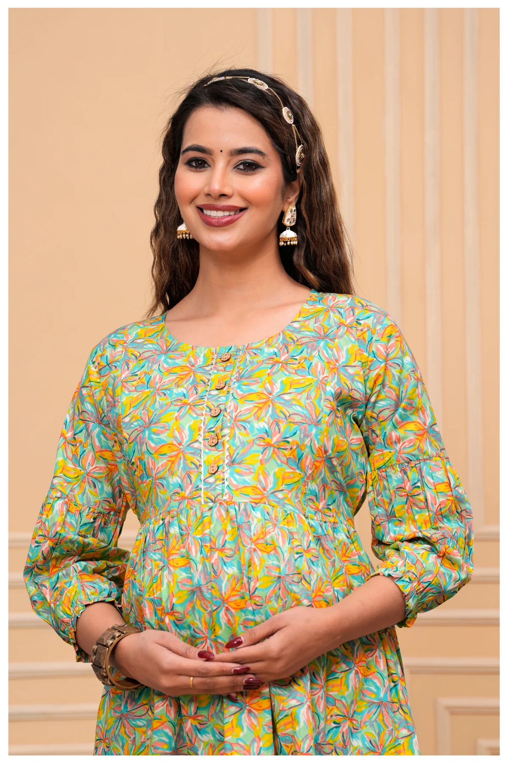 Floral Printed Maternity & Feeding Maxi Dress with Front Zip