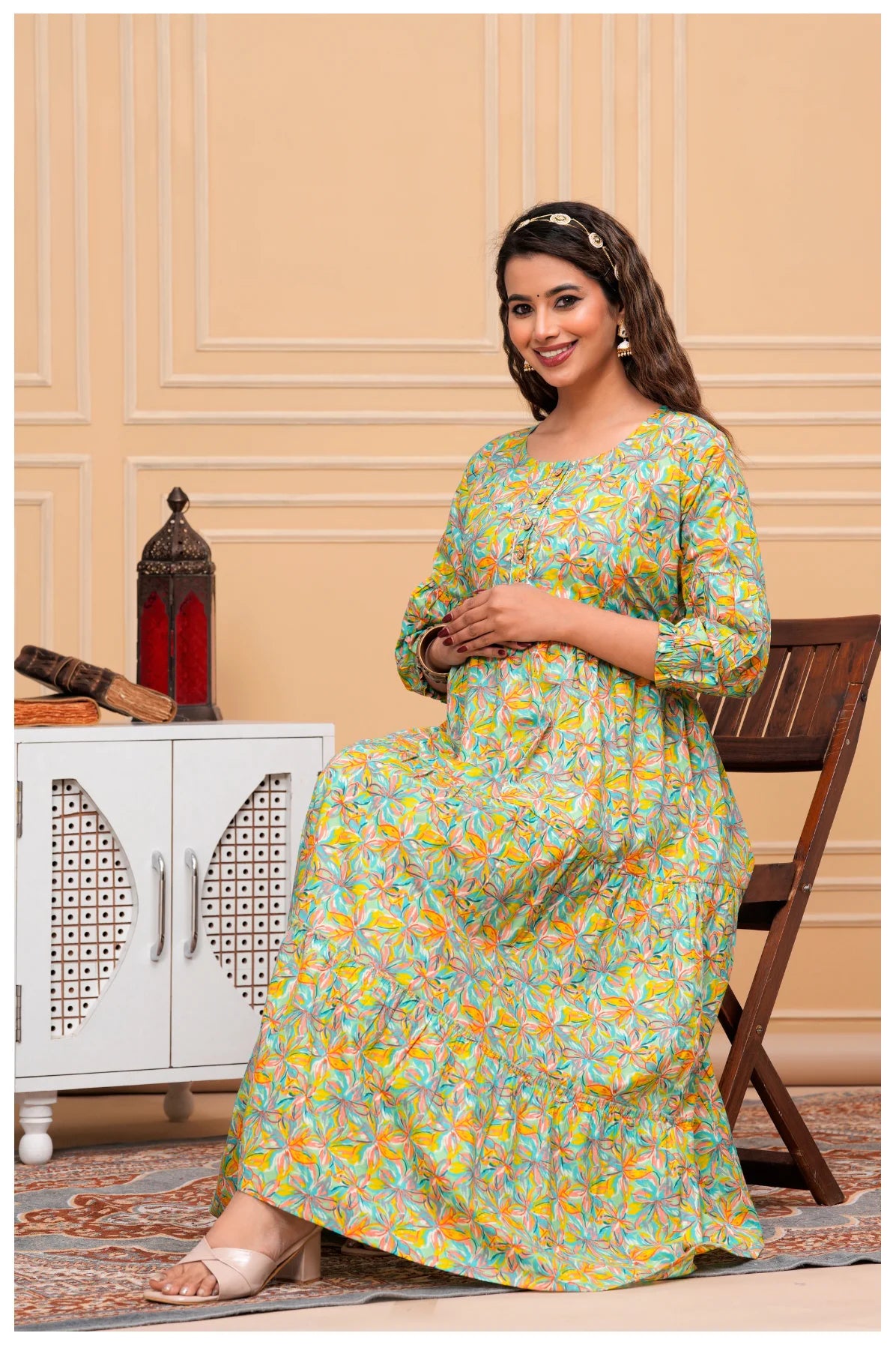 Floral Printed Maternity & Feeding Maxi Dress with Front Zip