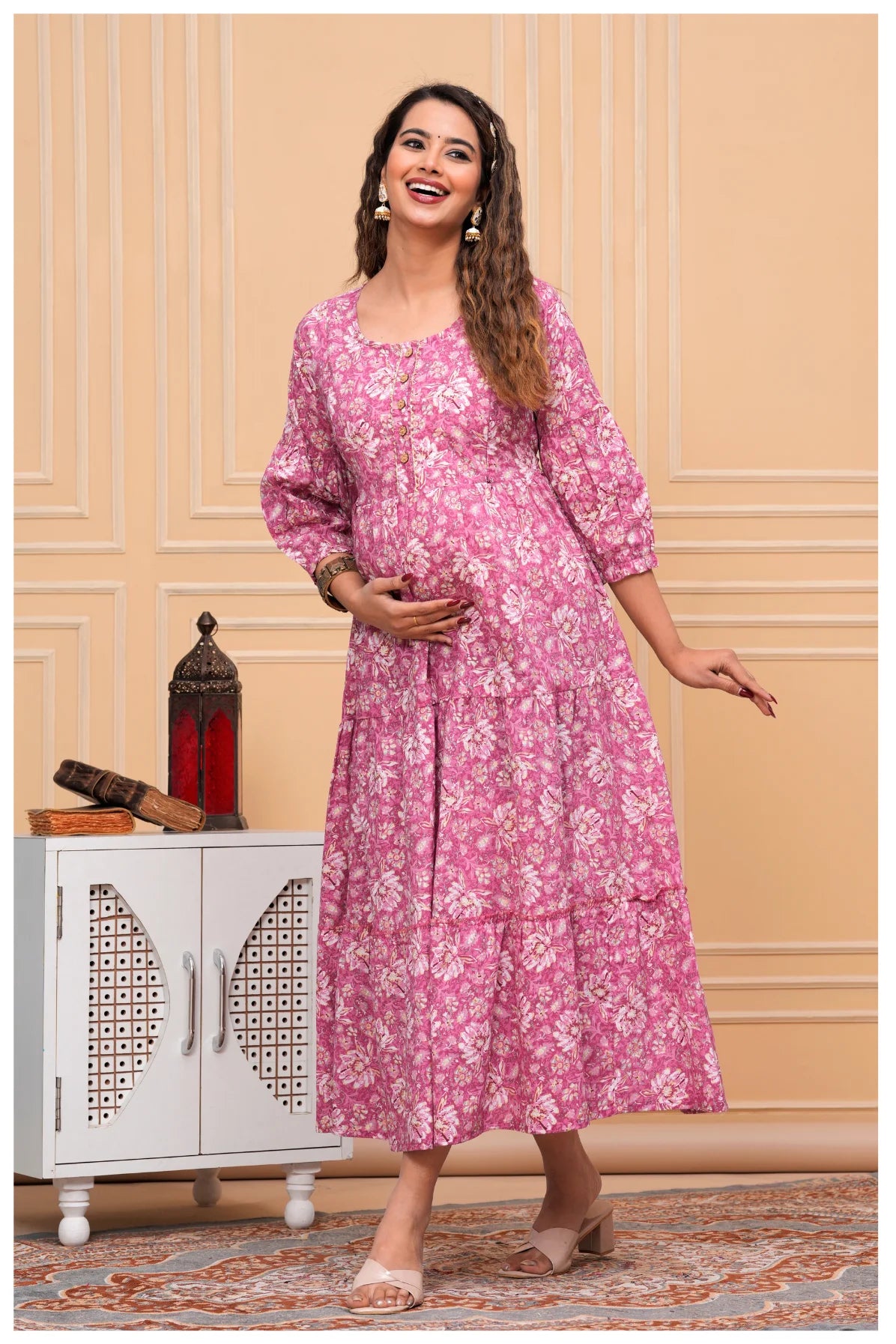 Pink Floral Printed Maternity & Feeding Maxi Dress with Zip Opening
