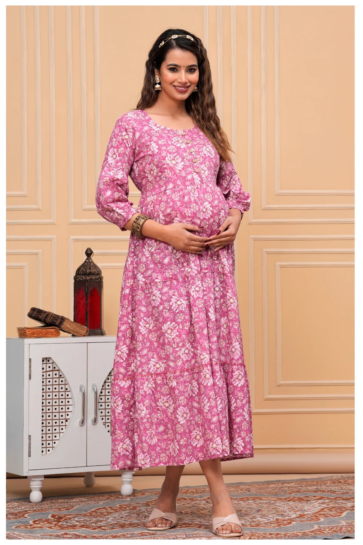 Pink Floral Printed Maternity & Feeding Maxi Dress with Zip Opening