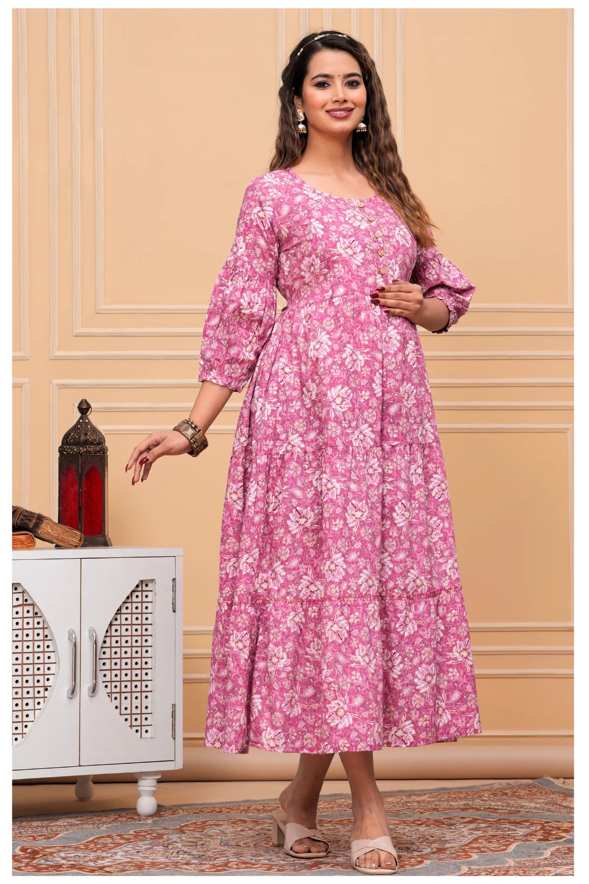 Pink Floral Printed Maternity & Feeding Maxi Dress with Zip Opening
