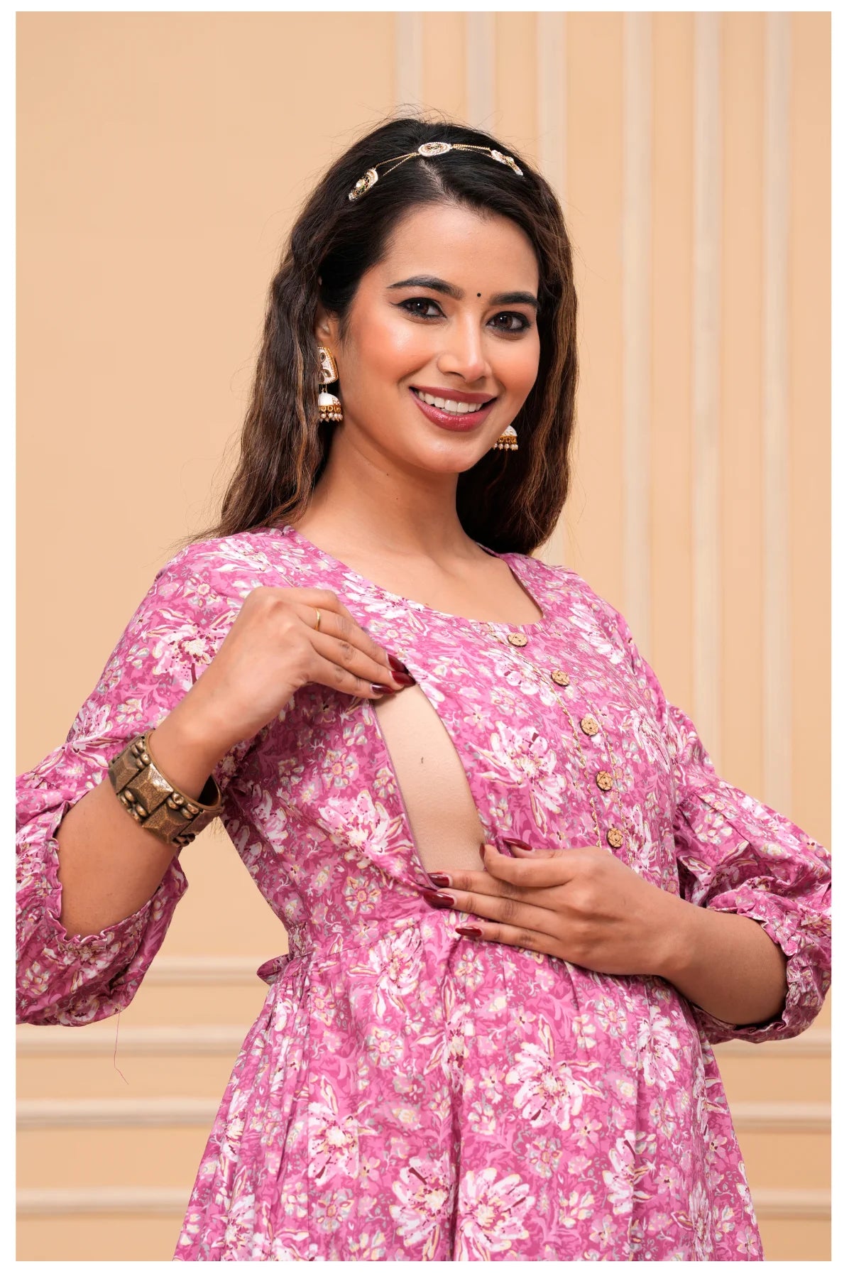 Pink Floral Printed Maternity & Feeding Maxi Dress with Zip Opening