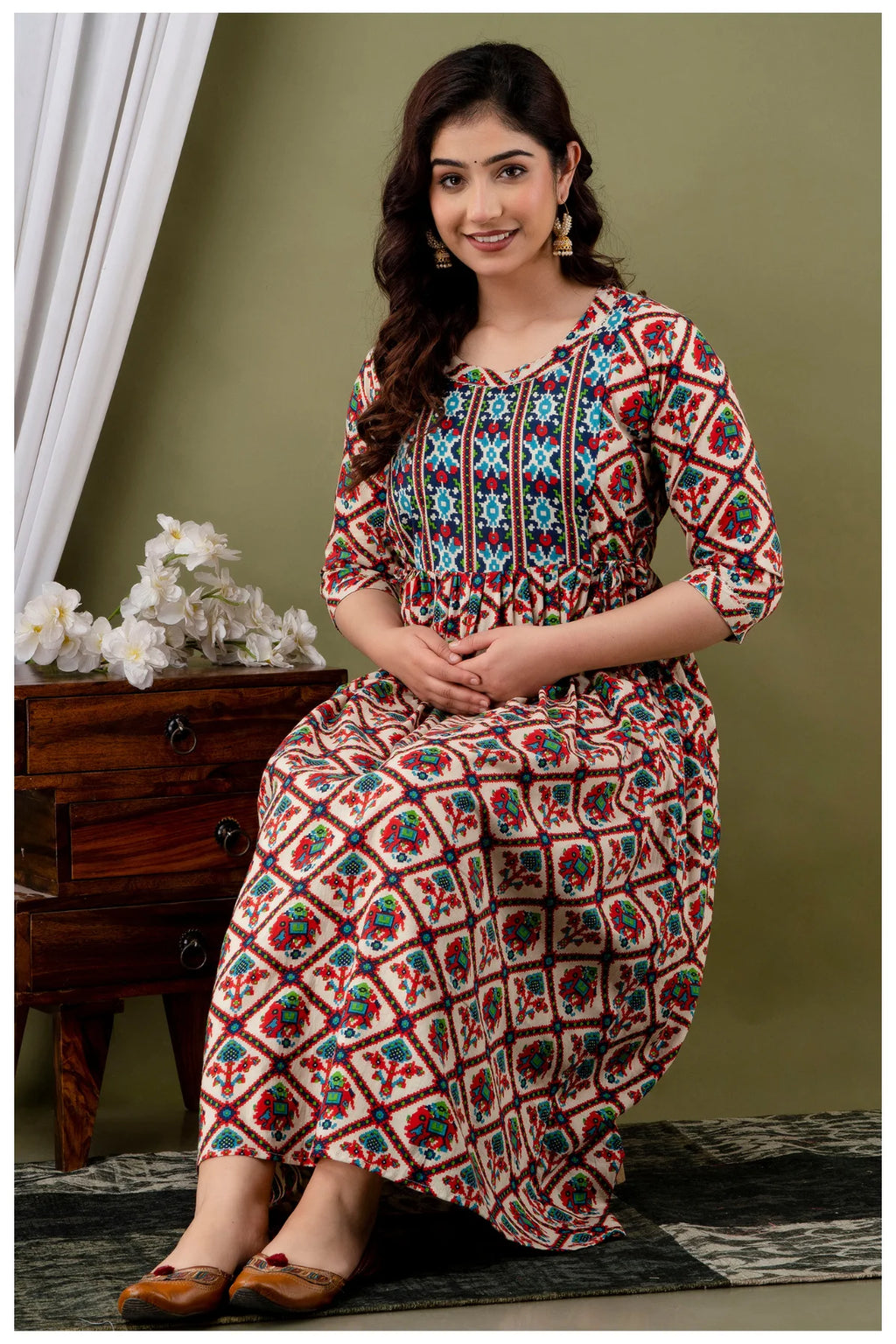 Cream Multicolor Ethnic Printed Midi Dress for Women