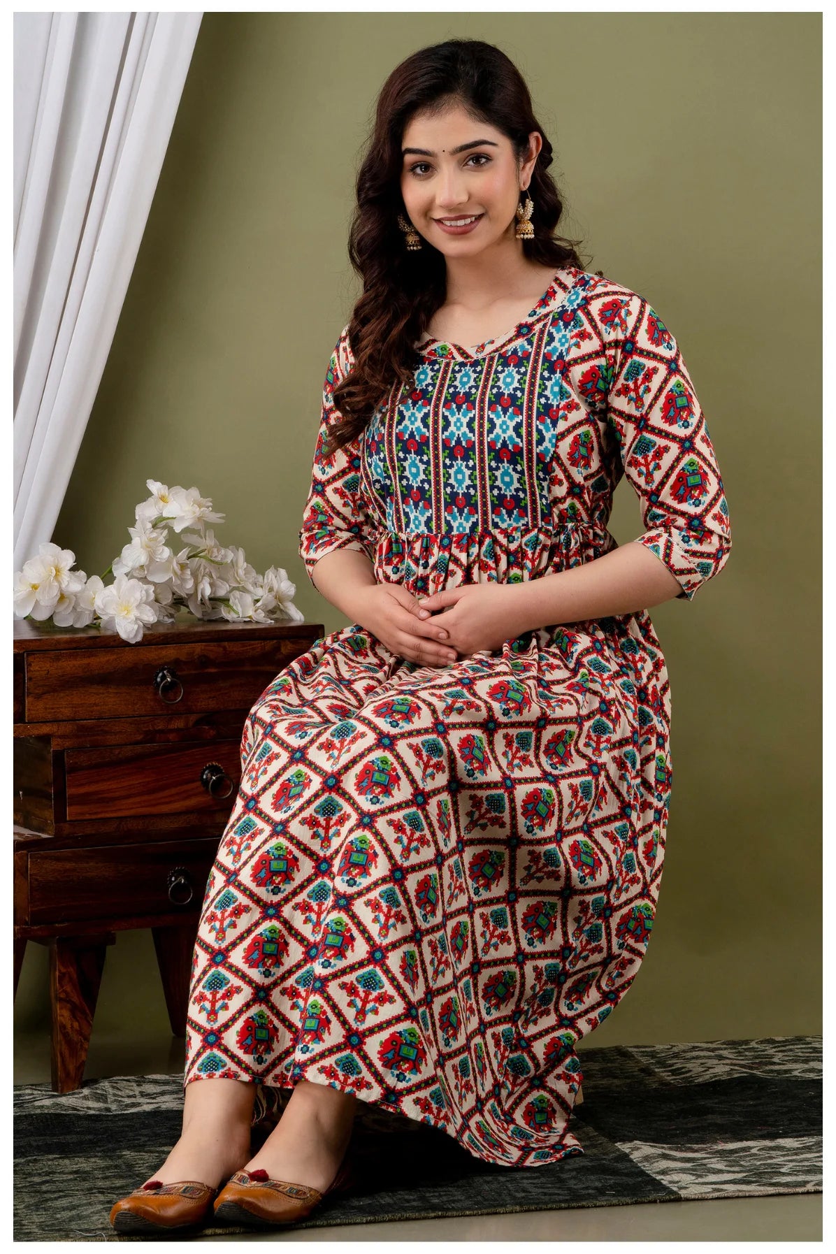 Cream Multicolor Ethnic Printed Midi Dress for Women