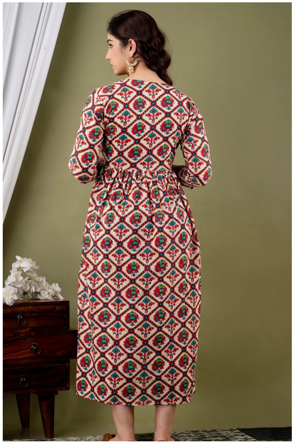 Cream Multicolor Ethnic Printed Midi Dress for Women