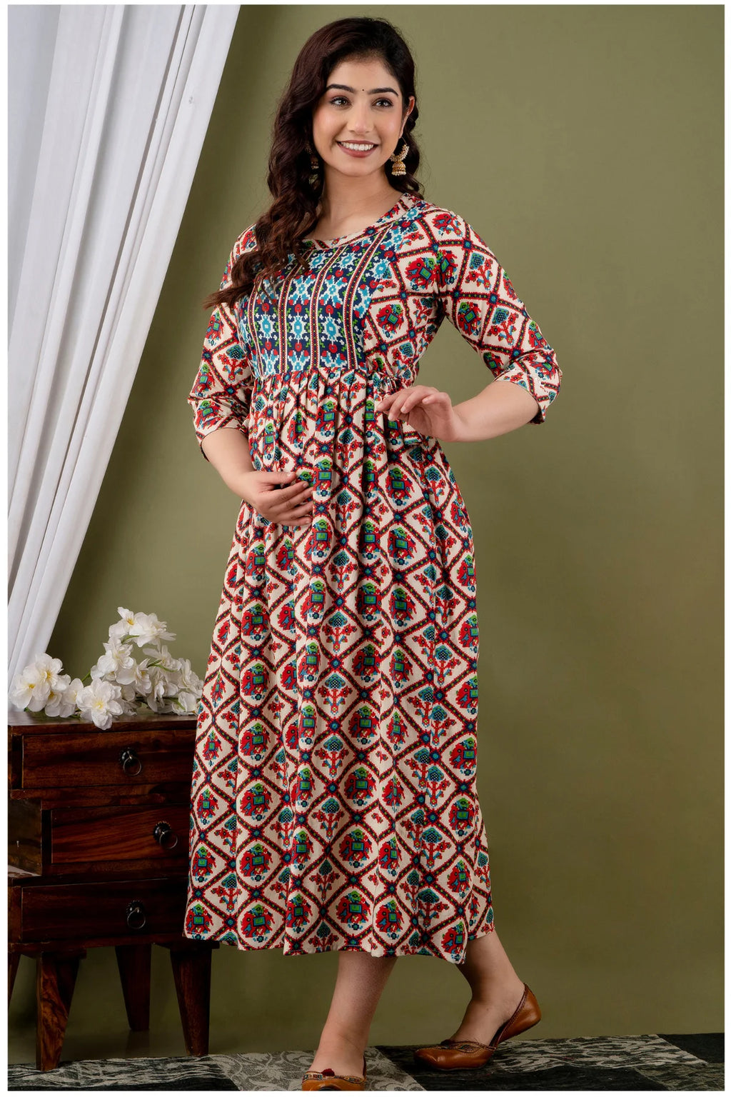 Cream Multicolor Ethnic Printed Midi Dress for Women