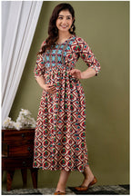 Cream Multicolor Ethnic Printed Midi Dress for Women