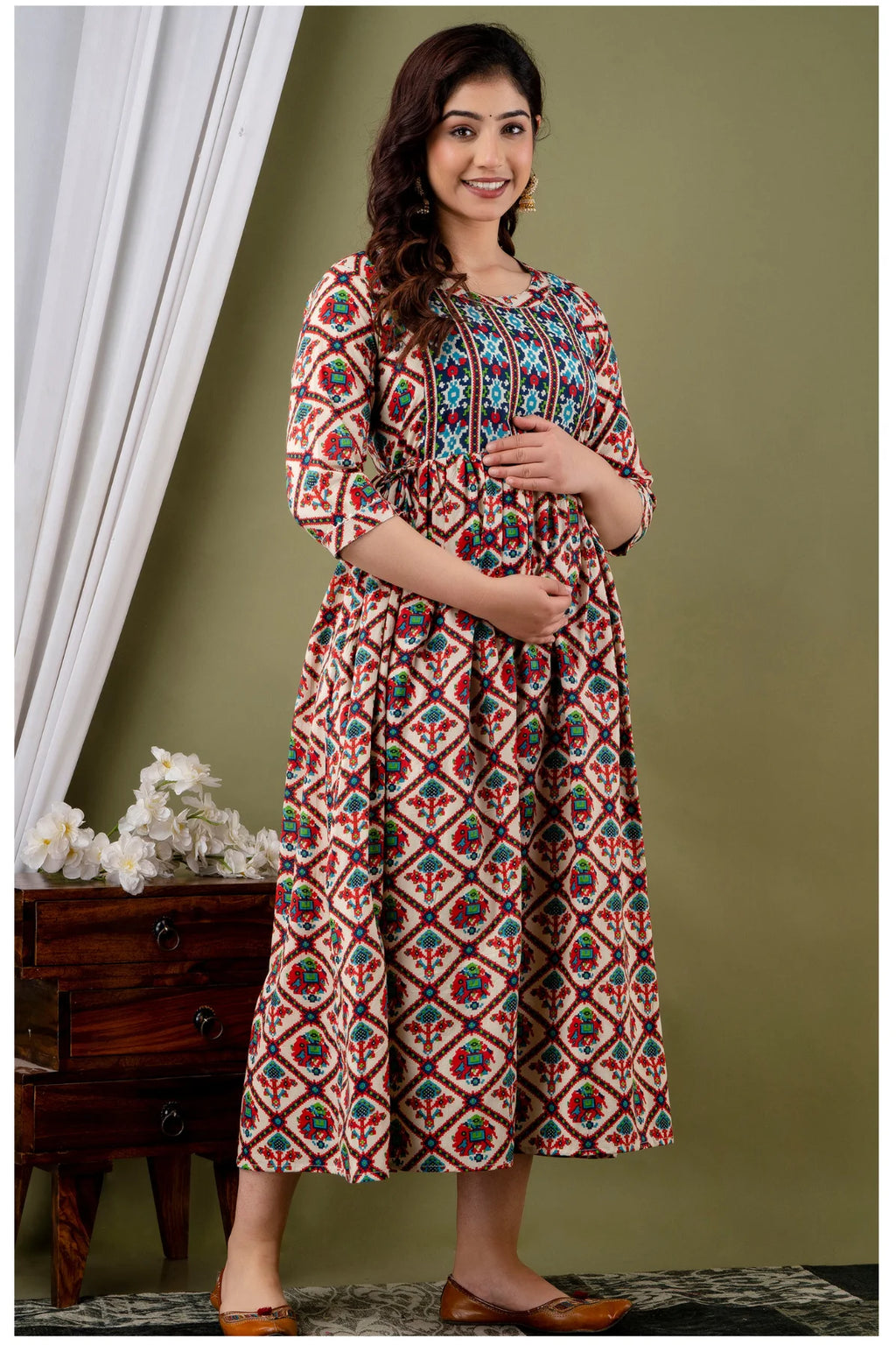 Cream Multicolor Ethnic Printed Midi Dress for Women