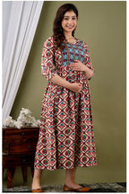 Cream Multicolor Ethnic Printed Midi Dress for Women