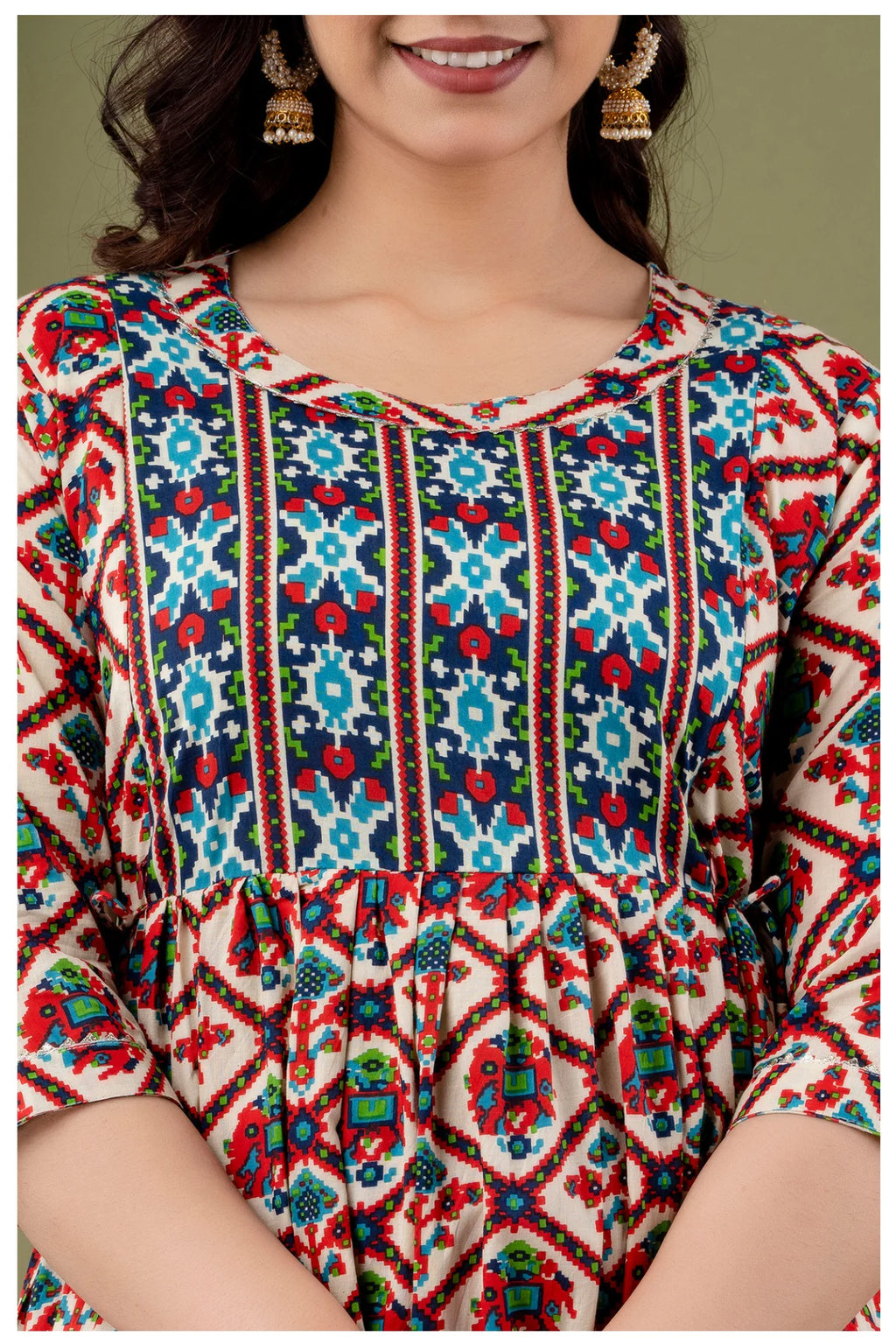 Cream Multicolor Ethnic Printed Midi Dress for Women