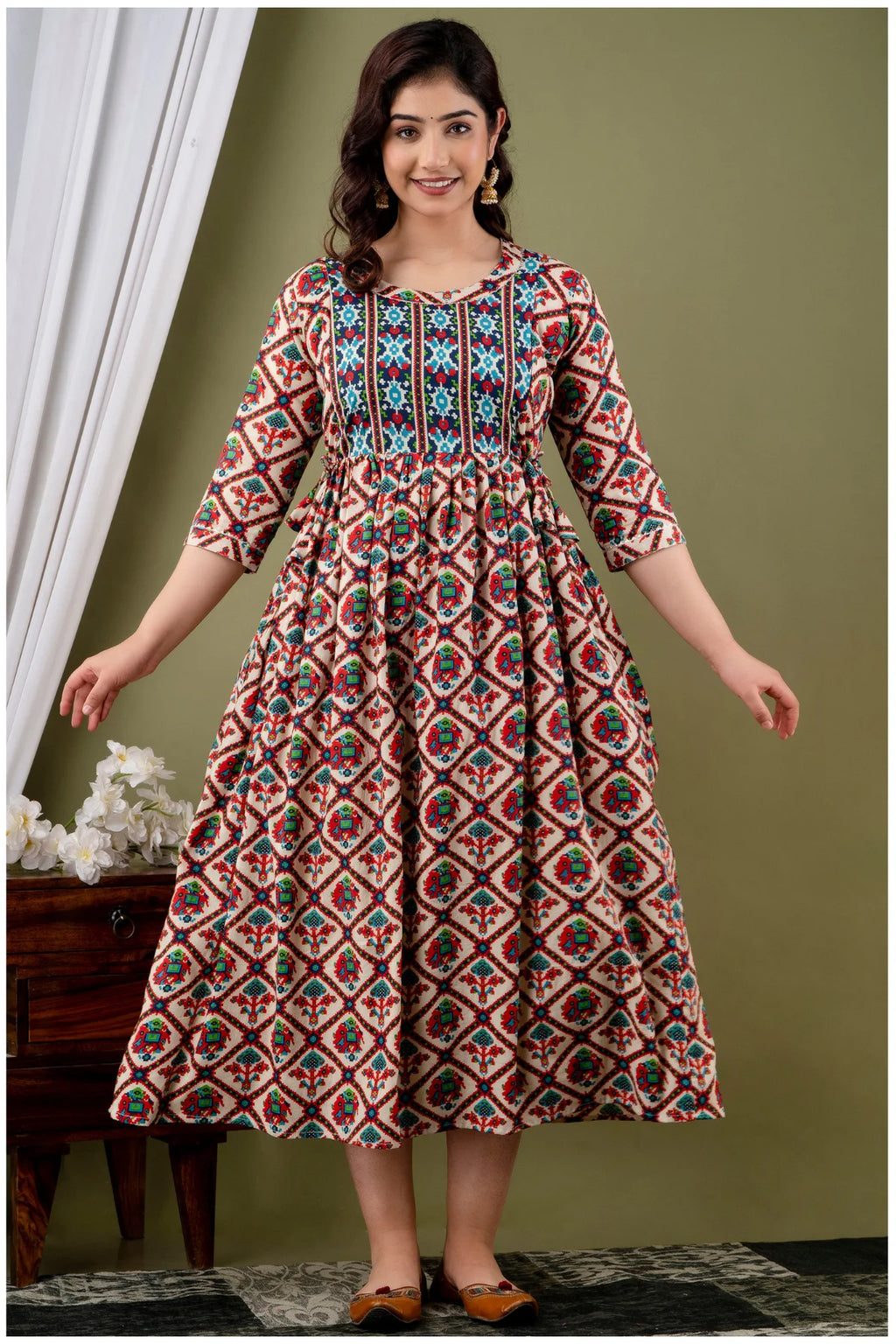 Cream Multicolor Ethnic Printed Midi Dress for Women