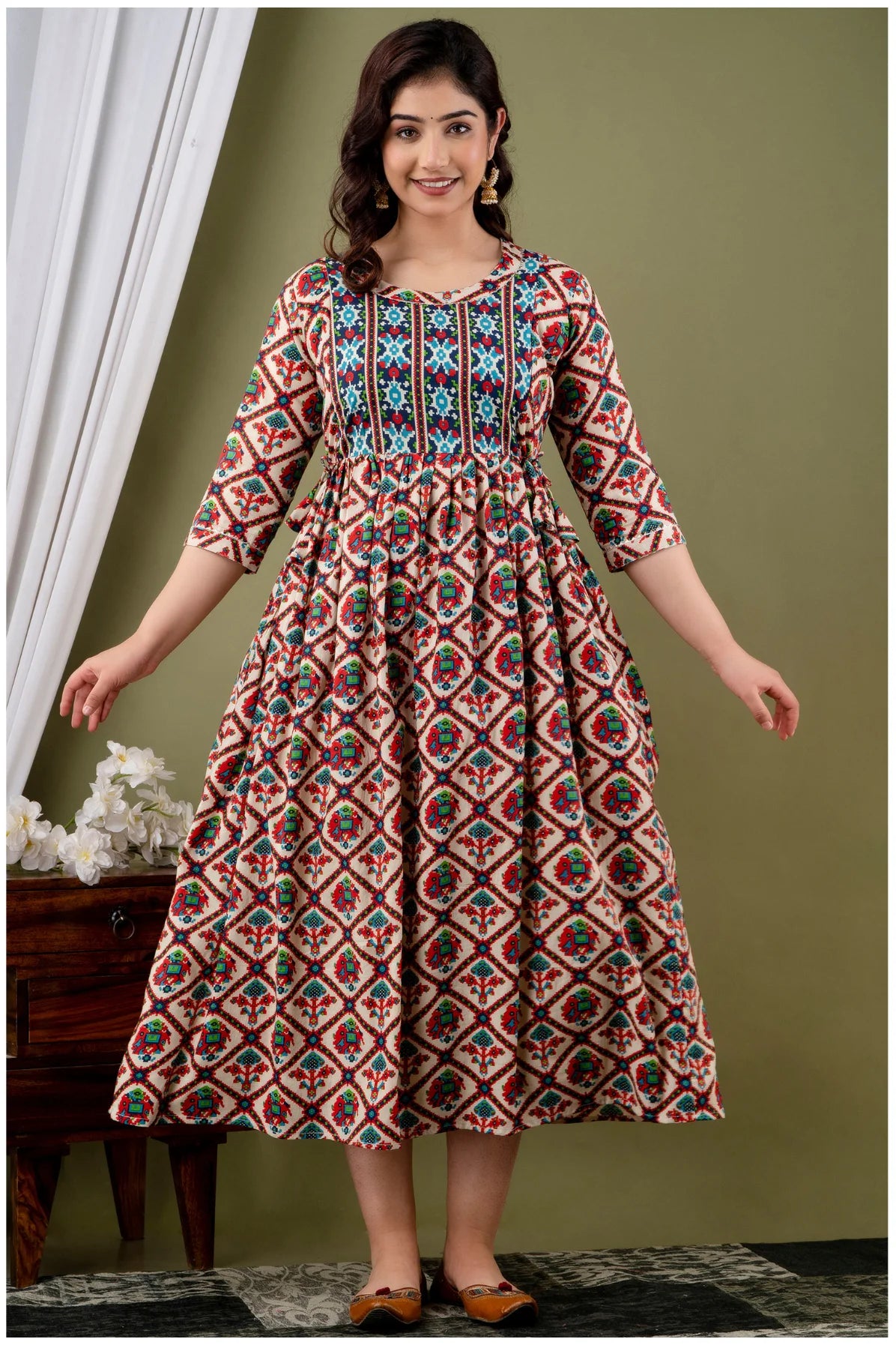 Cream Multicolor Ethnic Printed Midi Dress for Women