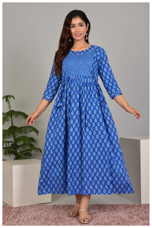 Blue Printed Gathered Midi Dress for Women