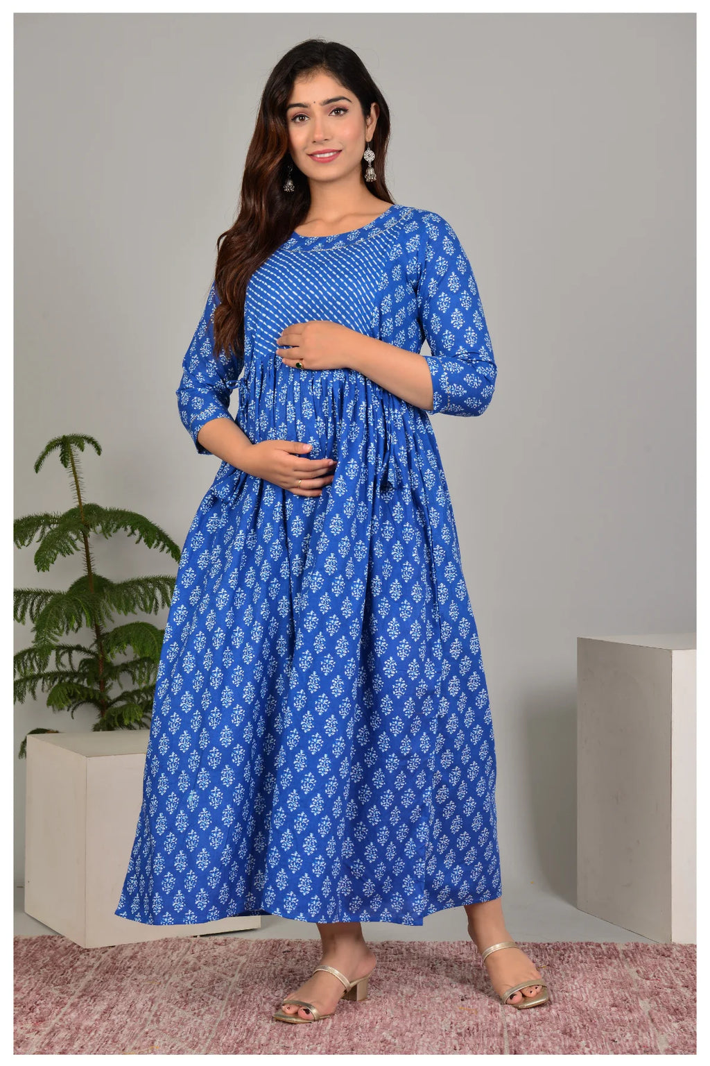 Blue Printed Gathered Midi Dress for Women