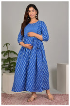 Blue Printed Gathered Midi Dress for Women
