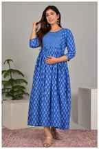 Blue Printed Gathered Midi Dress for Women