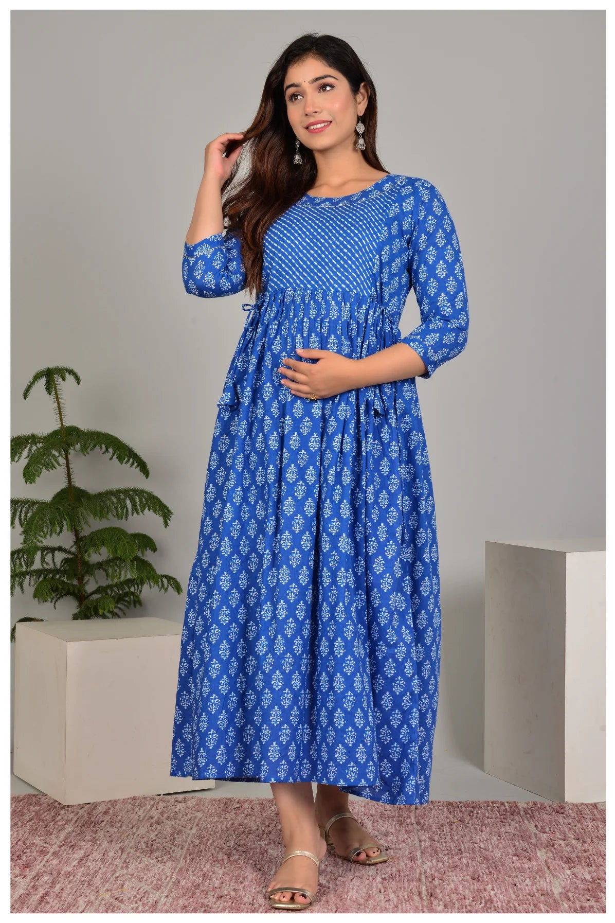 Blue Printed Gathered Midi Dress for Women