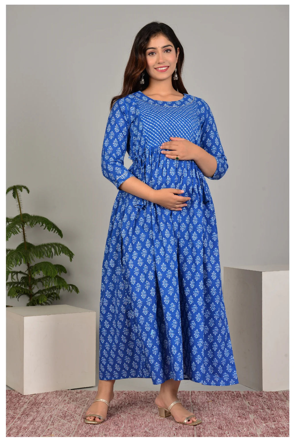 Blue Printed Gathered Midi Dress for Women