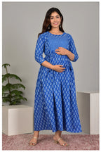 Blue Printed Gathered Midi Dress for Women