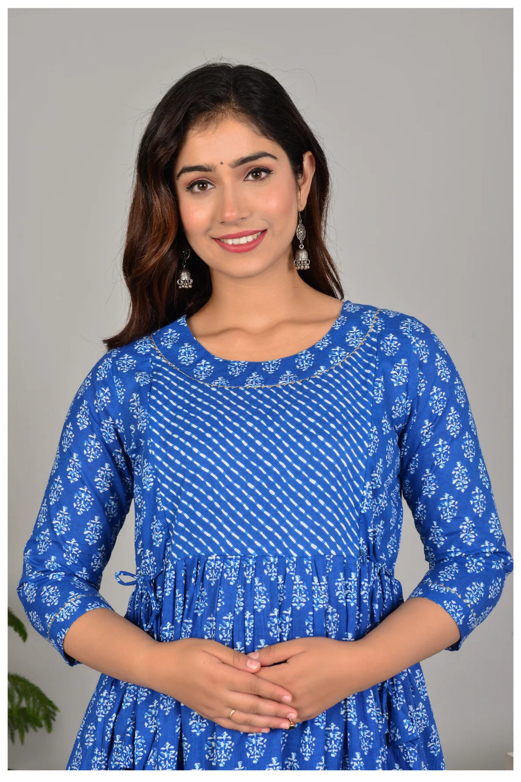 Blue Printed Gathered Midi Dress for Women