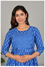 Blue Printed Gathered Midi Dress for Women