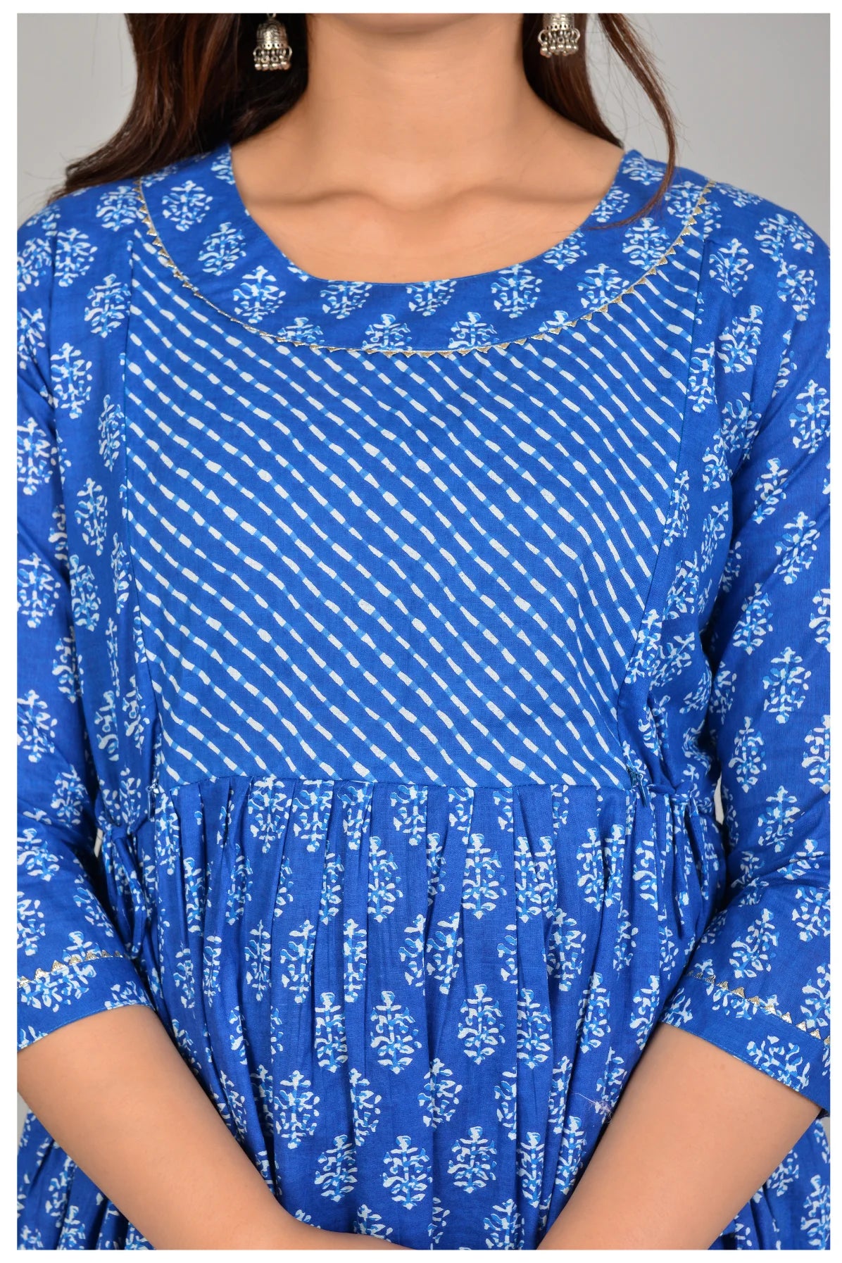 Blue Printed Gathered Midi Dress for Women