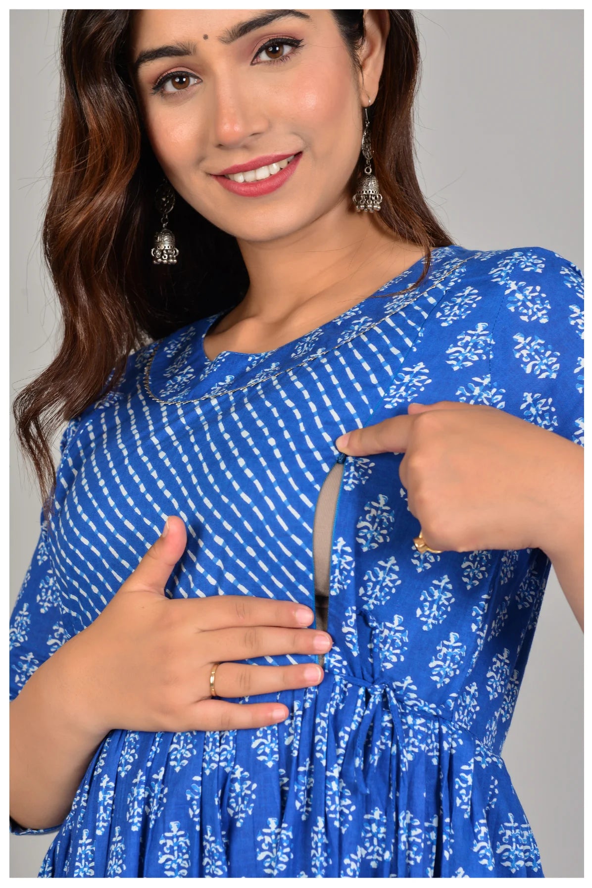 Blue Printed Gathered Midi Dress for Women