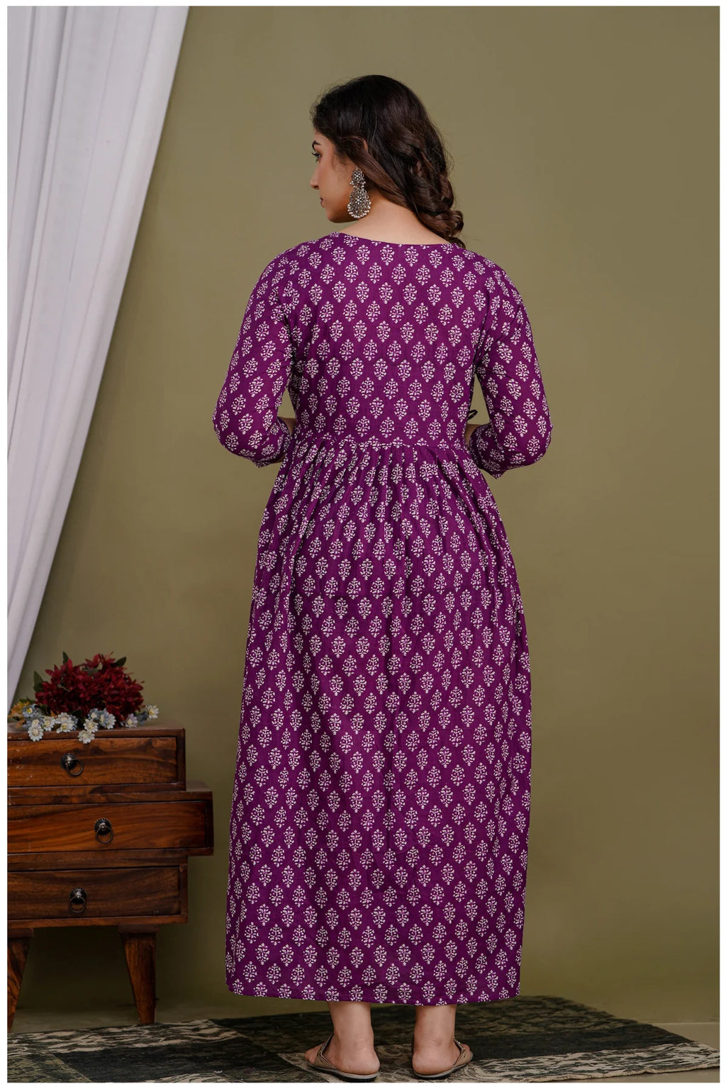 Purple Printed Maternity & Feeding Midi Dress for Women