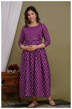 Purple Printed Maternity & Feeding Midi Dress for Women