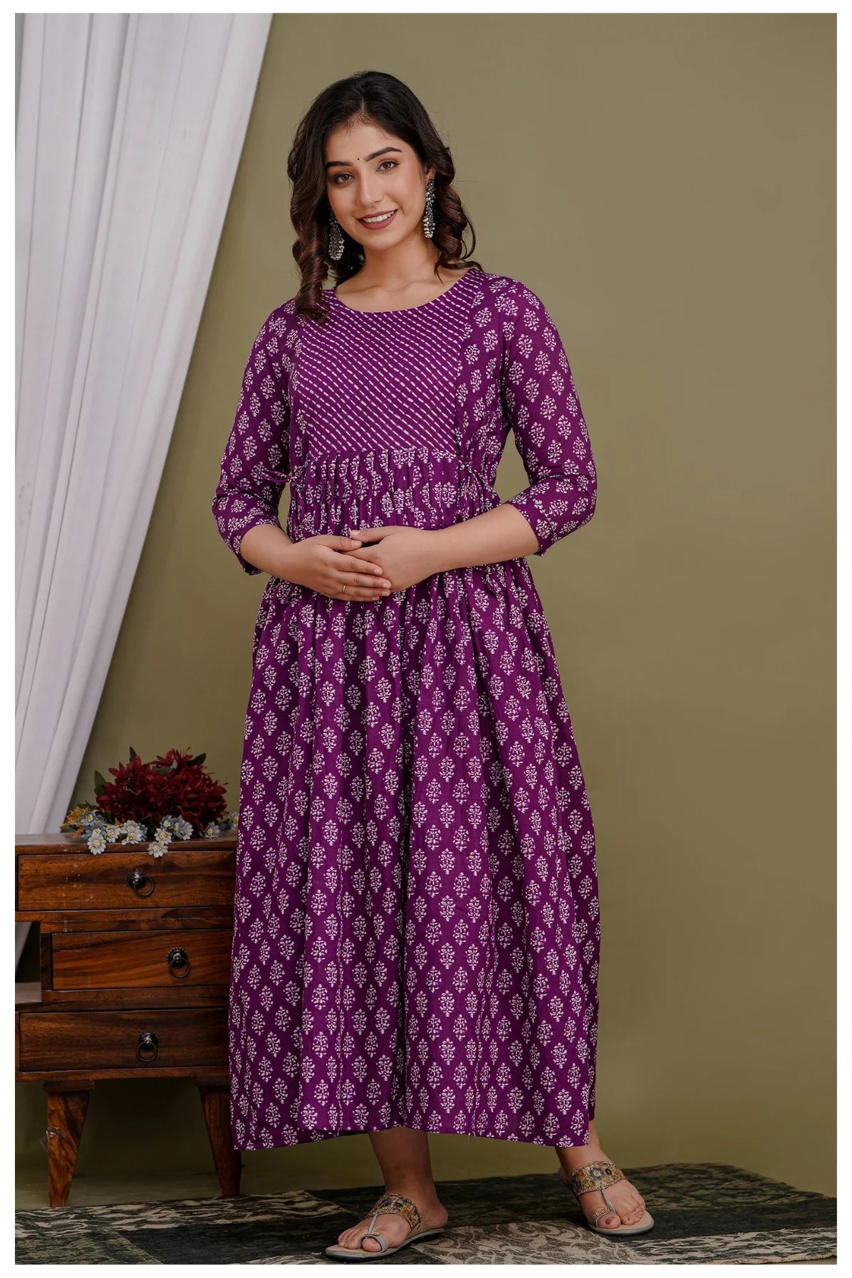 Purple Printed Maternity & Feeding Midi Dress for Women