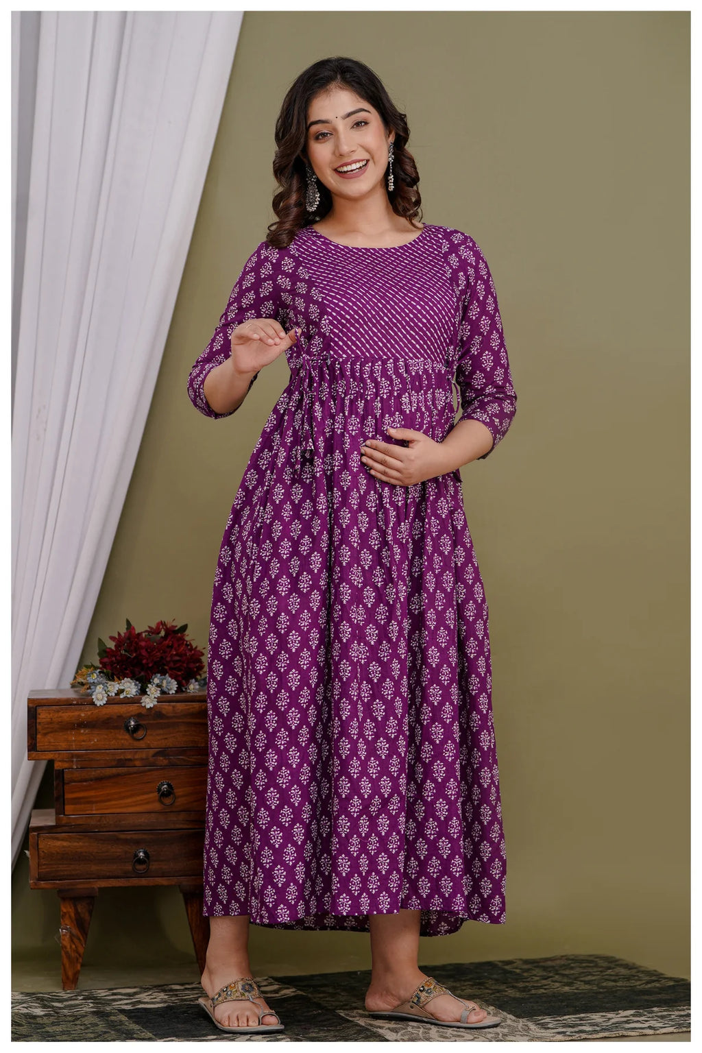 Purple Printed Maternity & Feeding Midi Dress for Women