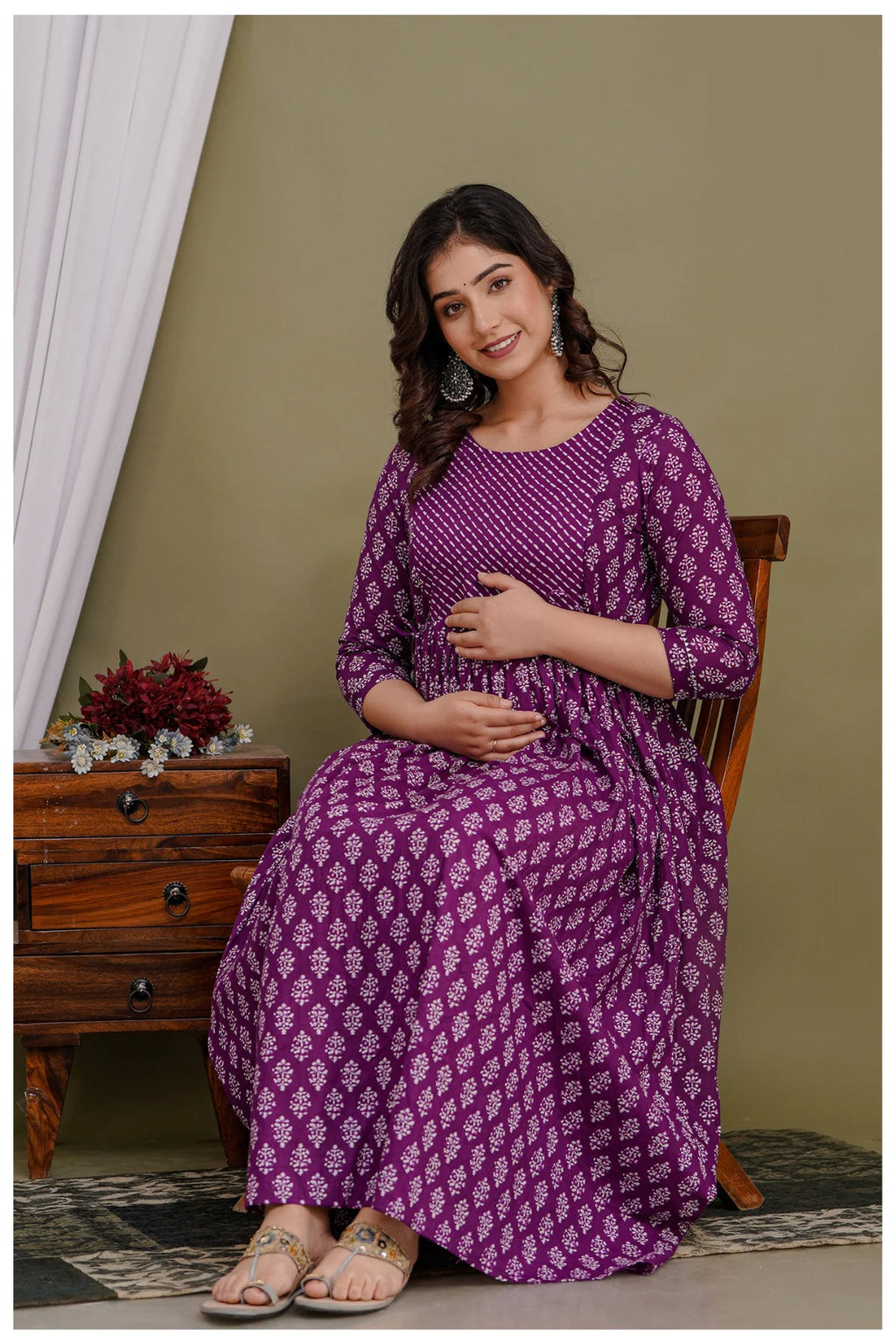 Purple Printed Maternity & Feeding Midi Dress for Women