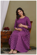 Purple Printed Maternity & Feeding Midi Dress for Women