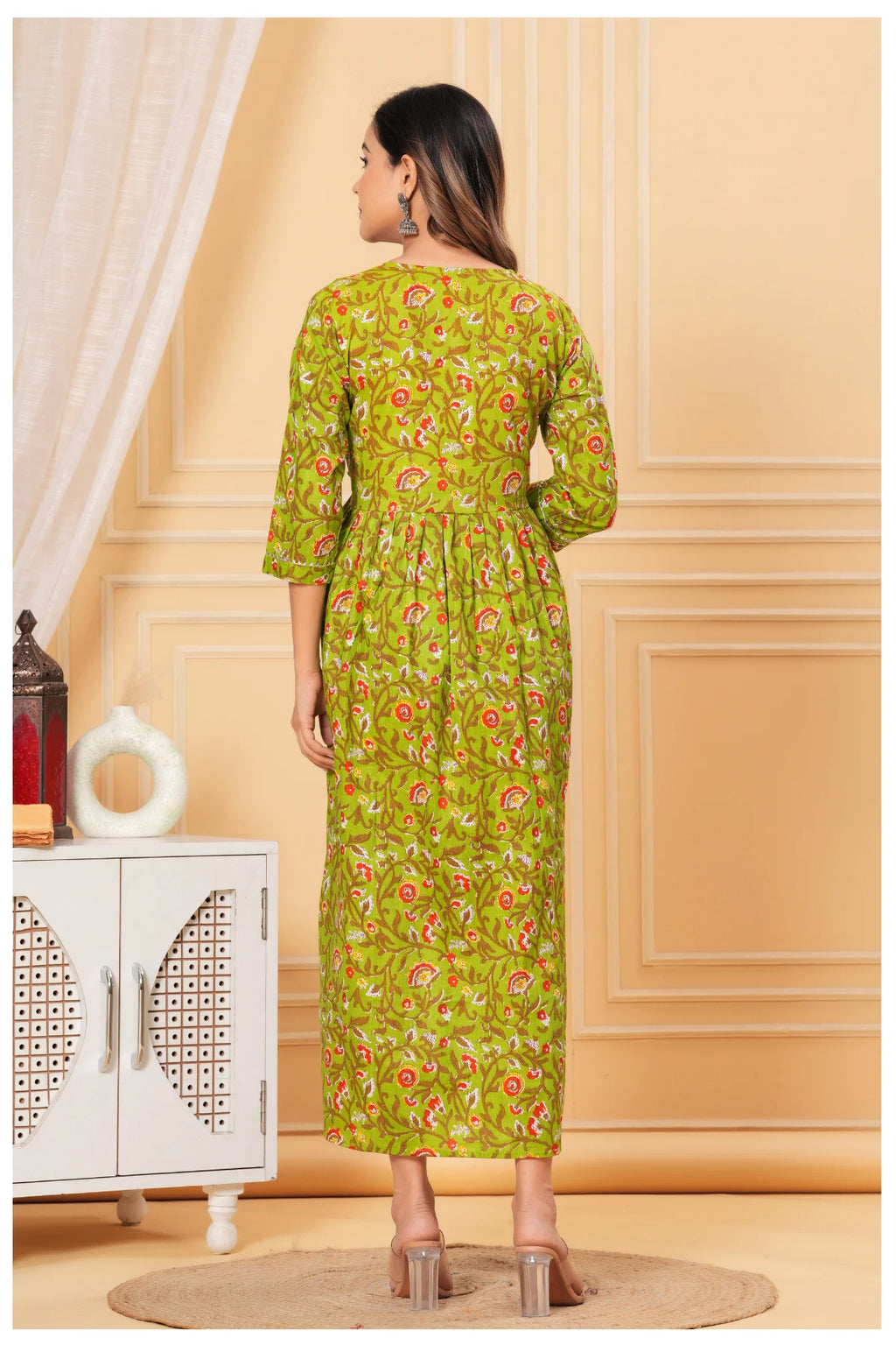 Green Printed Maternity & Feeding Midi Dress for Women