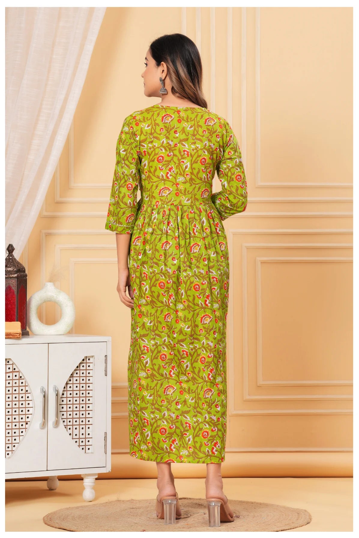 Green Printed Maternity & Feeding Midi Dress for Women