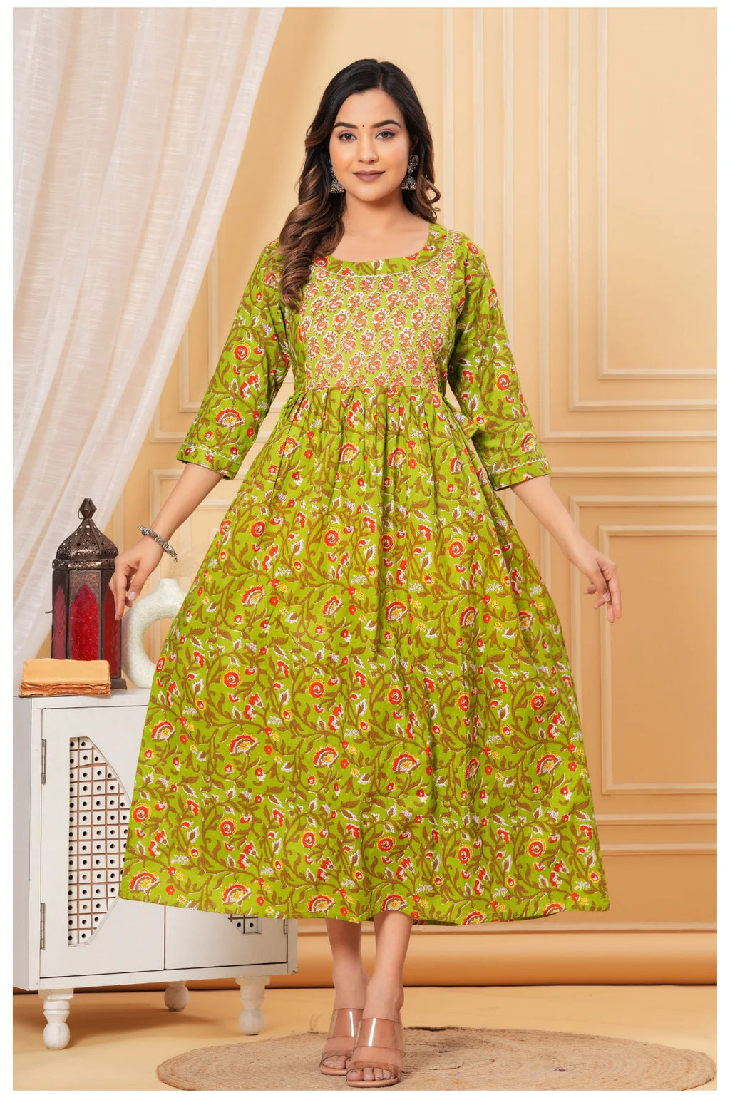 Green Printed Maternity & Feeding Midi Dress for Women
