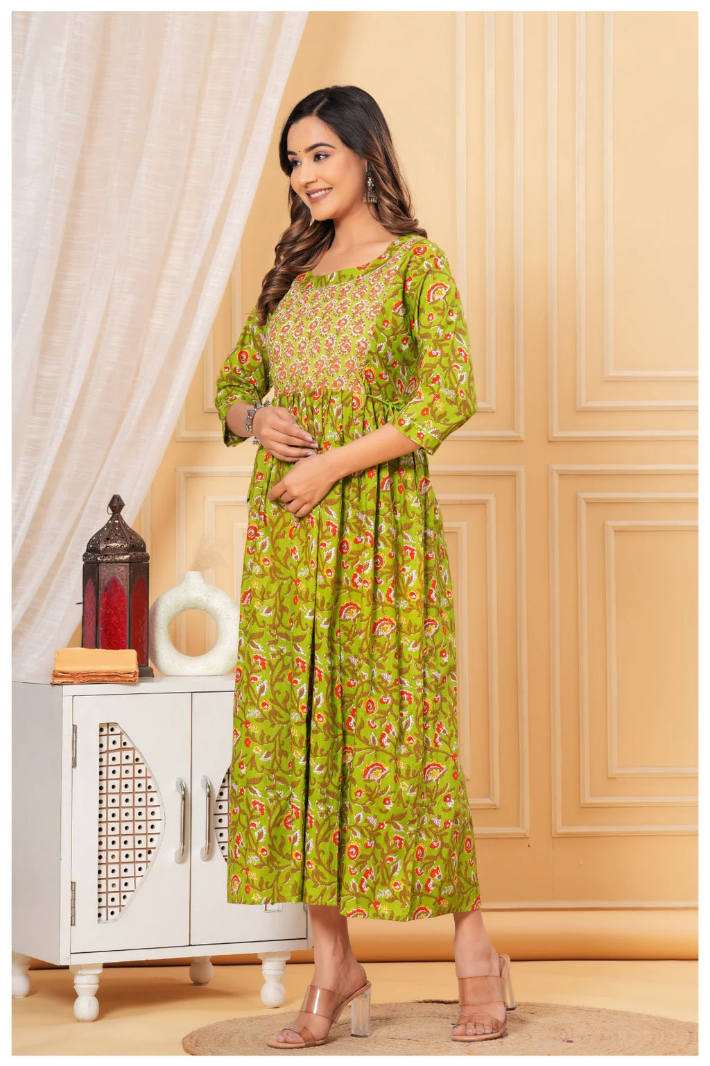 Green Printed Maternity & Feeding Midi Dress for Women